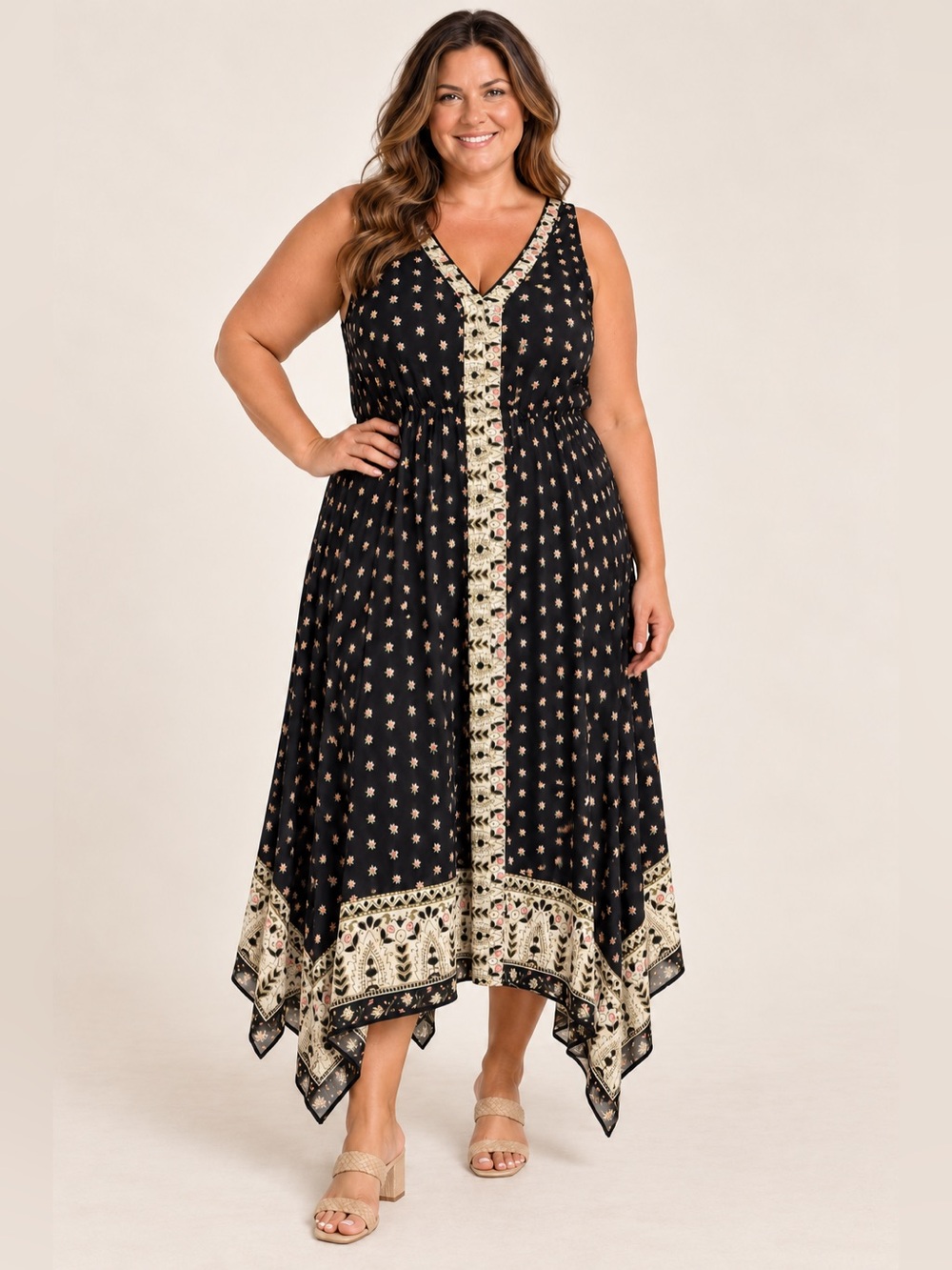 Magic Boho Floral Border Print Handkerchief Hem Midi Dress 2X